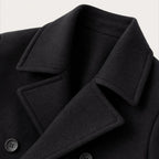 Close-up of black peacoat collar and lapel detail