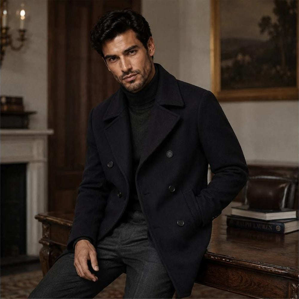 Man wearing black wool blend peacoat in an interior lifestyle setting