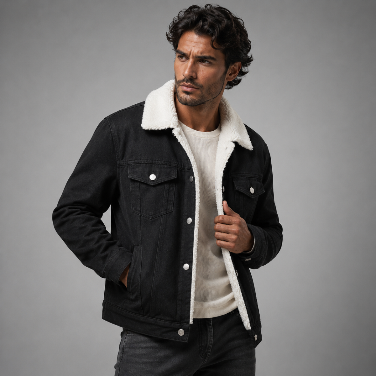 Men's Fleece Lined Denim Jacket - White Black