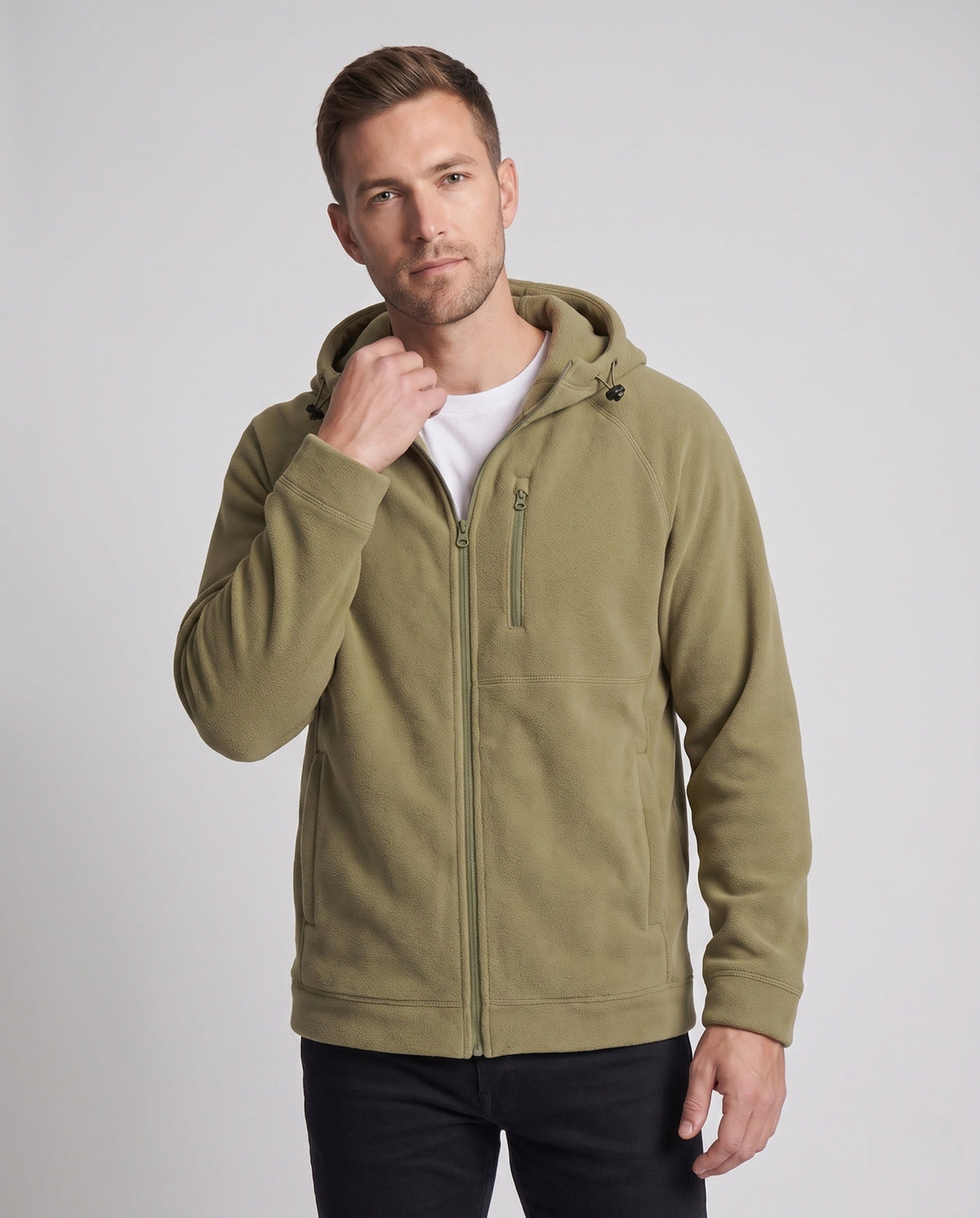 Men's fleece hoodie jacket, upper body view