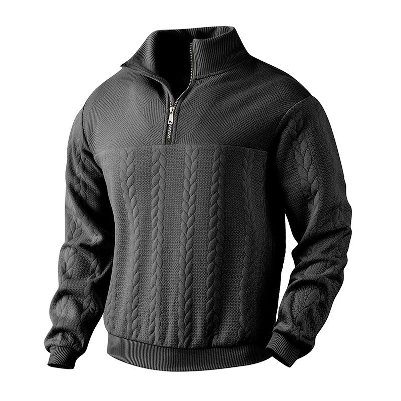 Men's Half-Zip Cable Knit Sweater | Wool-Blend Ribbed Pullover - Black