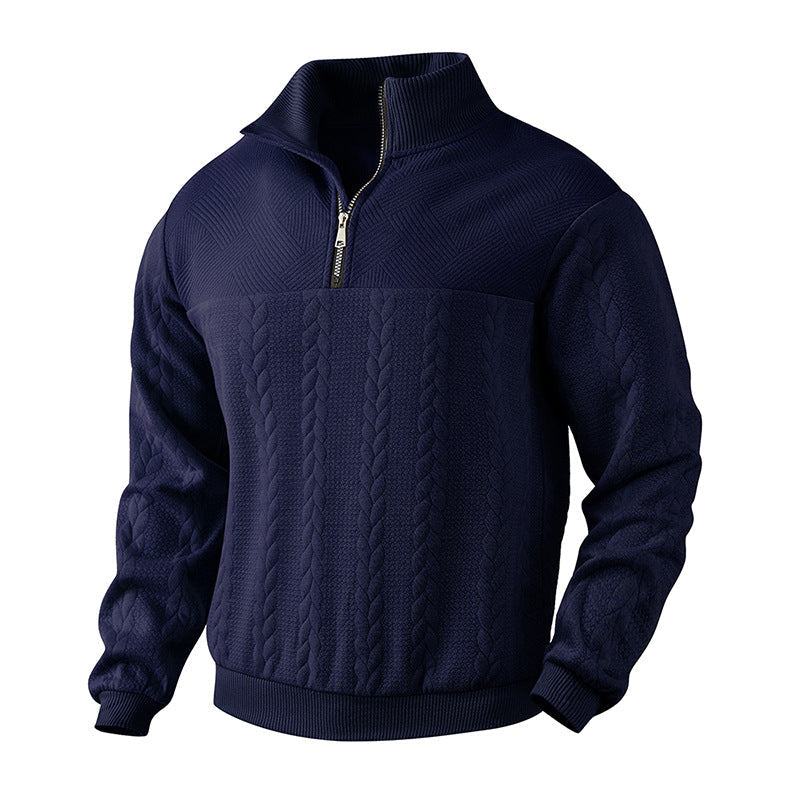Men's Half-Zip Cable Knit Sweater | Wool-Blend Ribbed Pullover - Blue