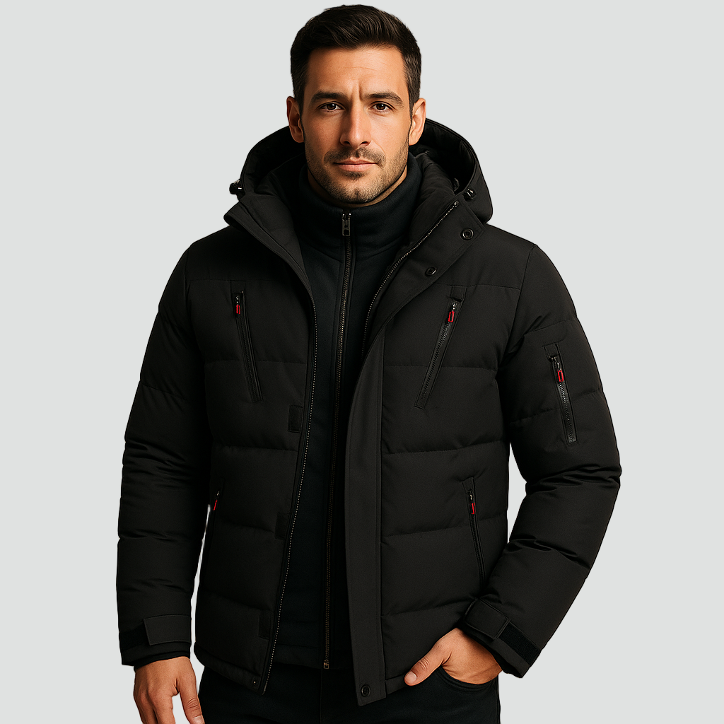 Men's Hooded Puffer Jacket - Black