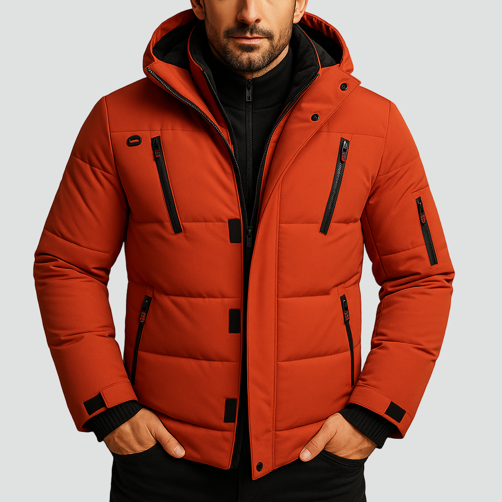 Men's Hooded Puffer Jacket - Orange