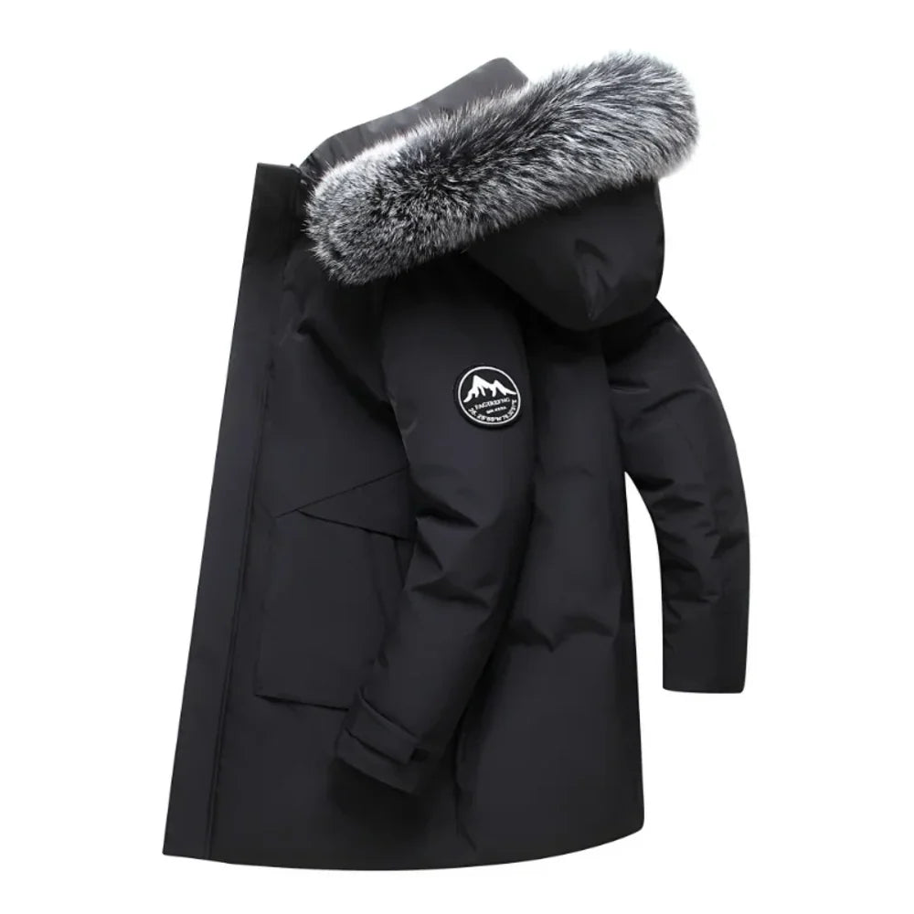 Men's Insulated Parka with Faux Fur Hood - Black