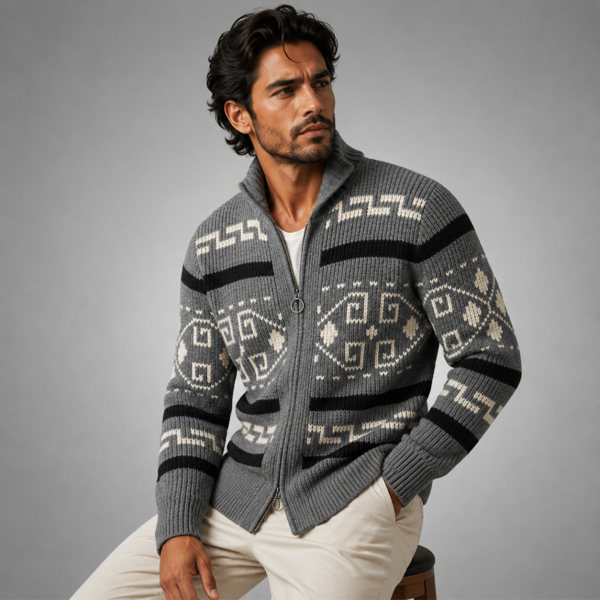 Men's Jacquard Shawl Collar Cardigan - Grey