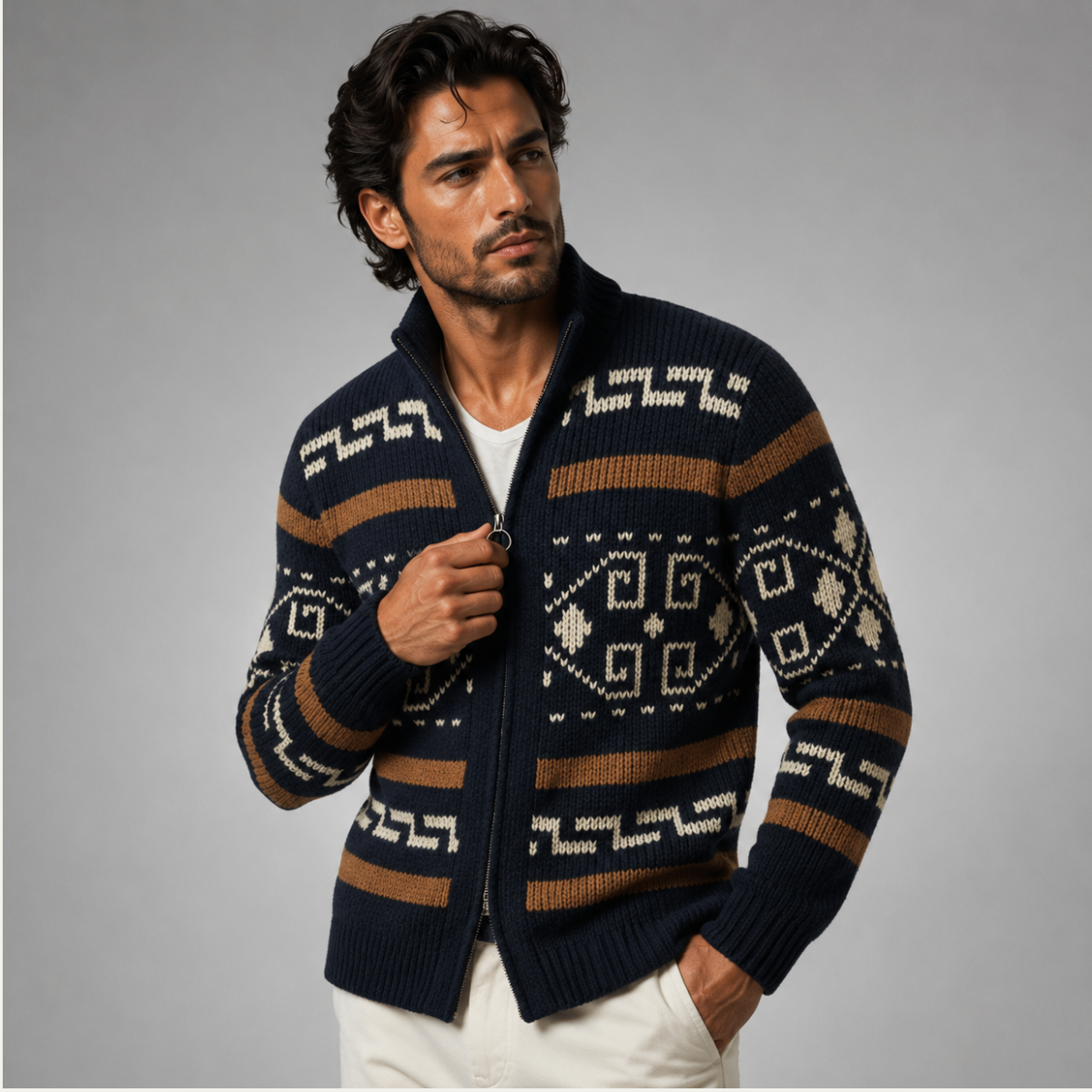 Men's Jacquard Shawl Collar Cardigan - Navy Blue