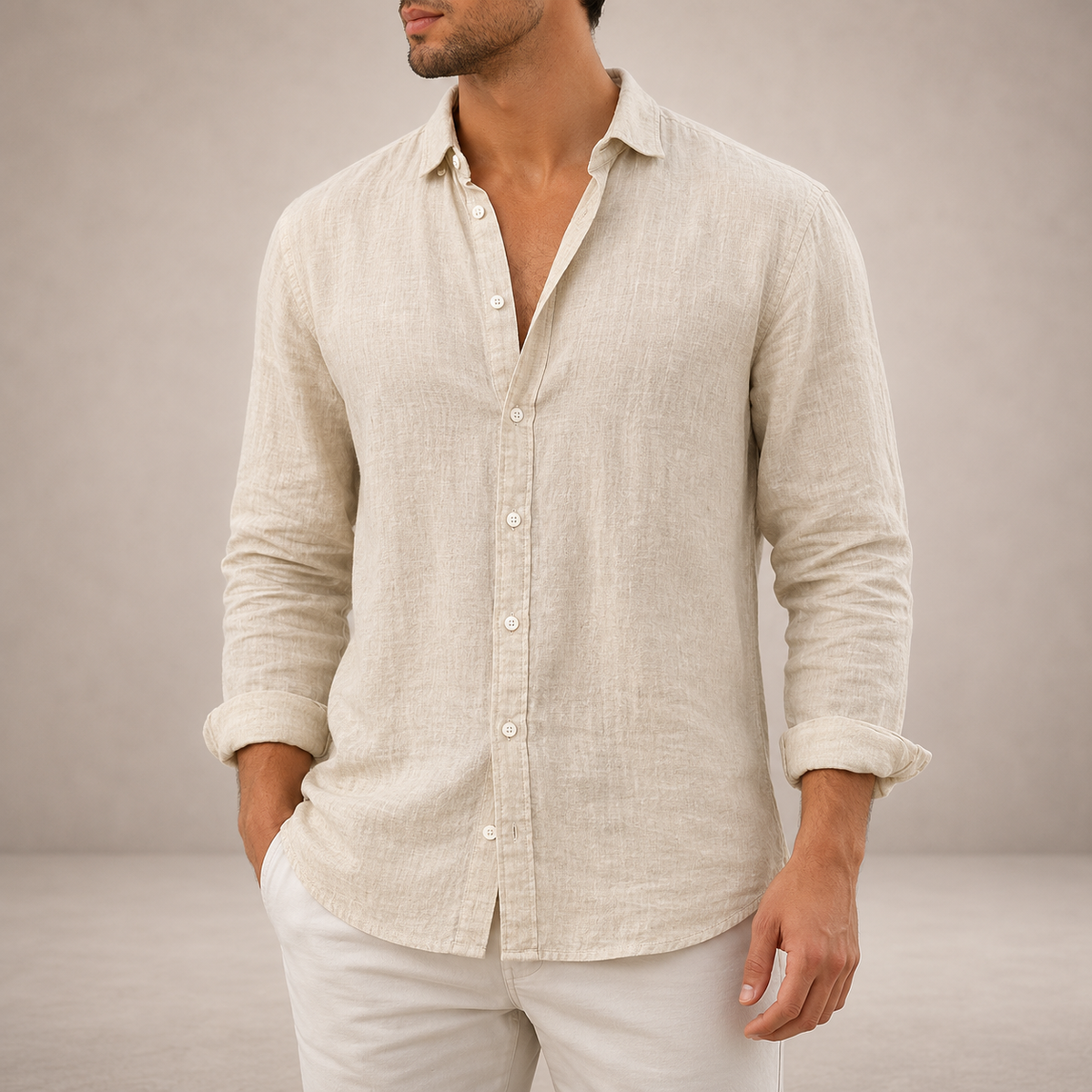 Men's Linen Button-Down Shirt - Beige