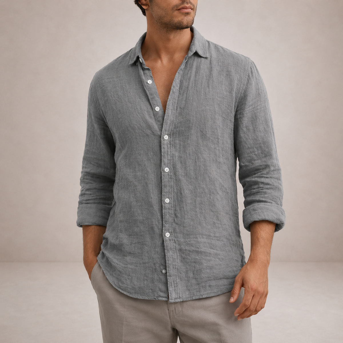 Men's Linen Button-Down Shirt - Grey