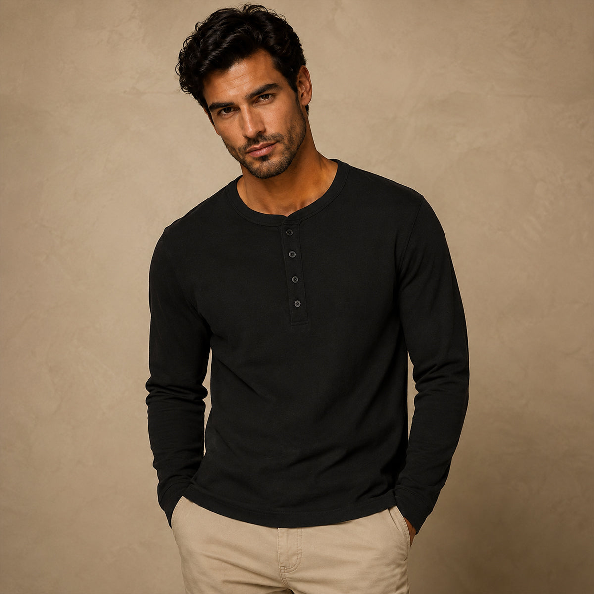 Long sleeve cotton polo shirt in Black