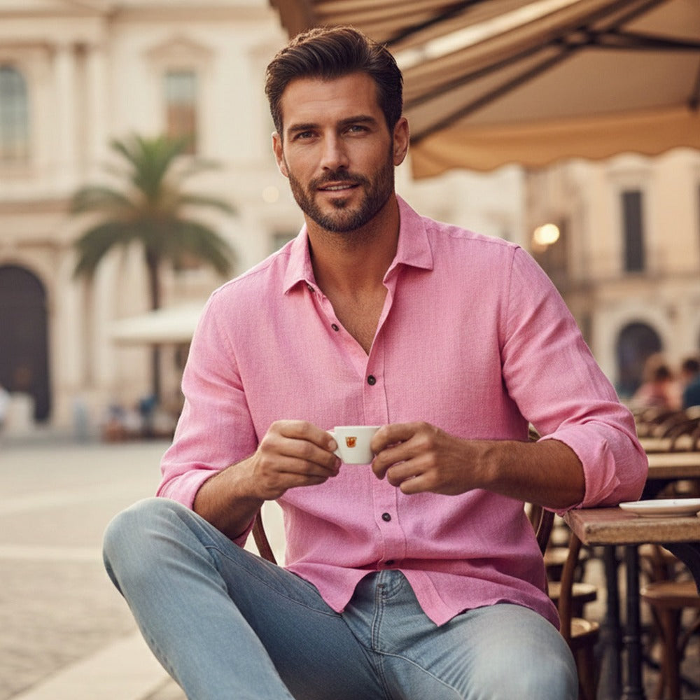 Men's Long Sleeve Linen Button-Up Shirt - Pink - on model