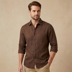 Men's Long Sleeve Linen Button-Up Shirt - Brown - on model