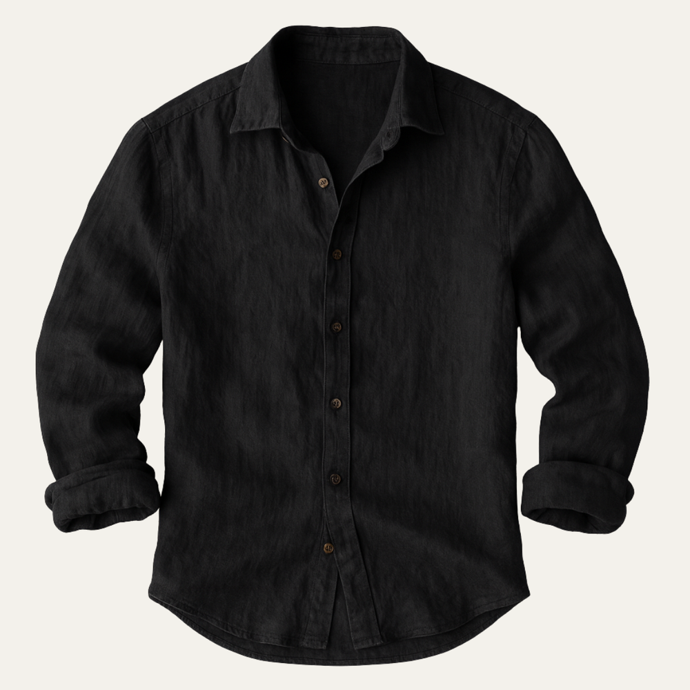 Men's Long Sleeve Linen Button-Up Shirt - Black