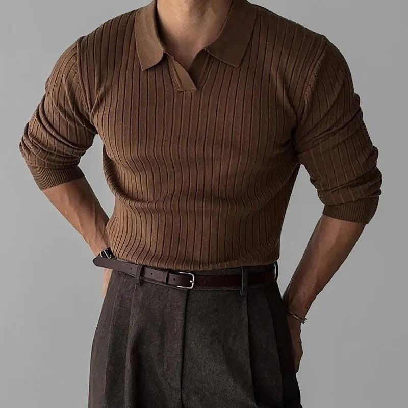 Men's Long Sleeve V-Neck Polo - Brown
