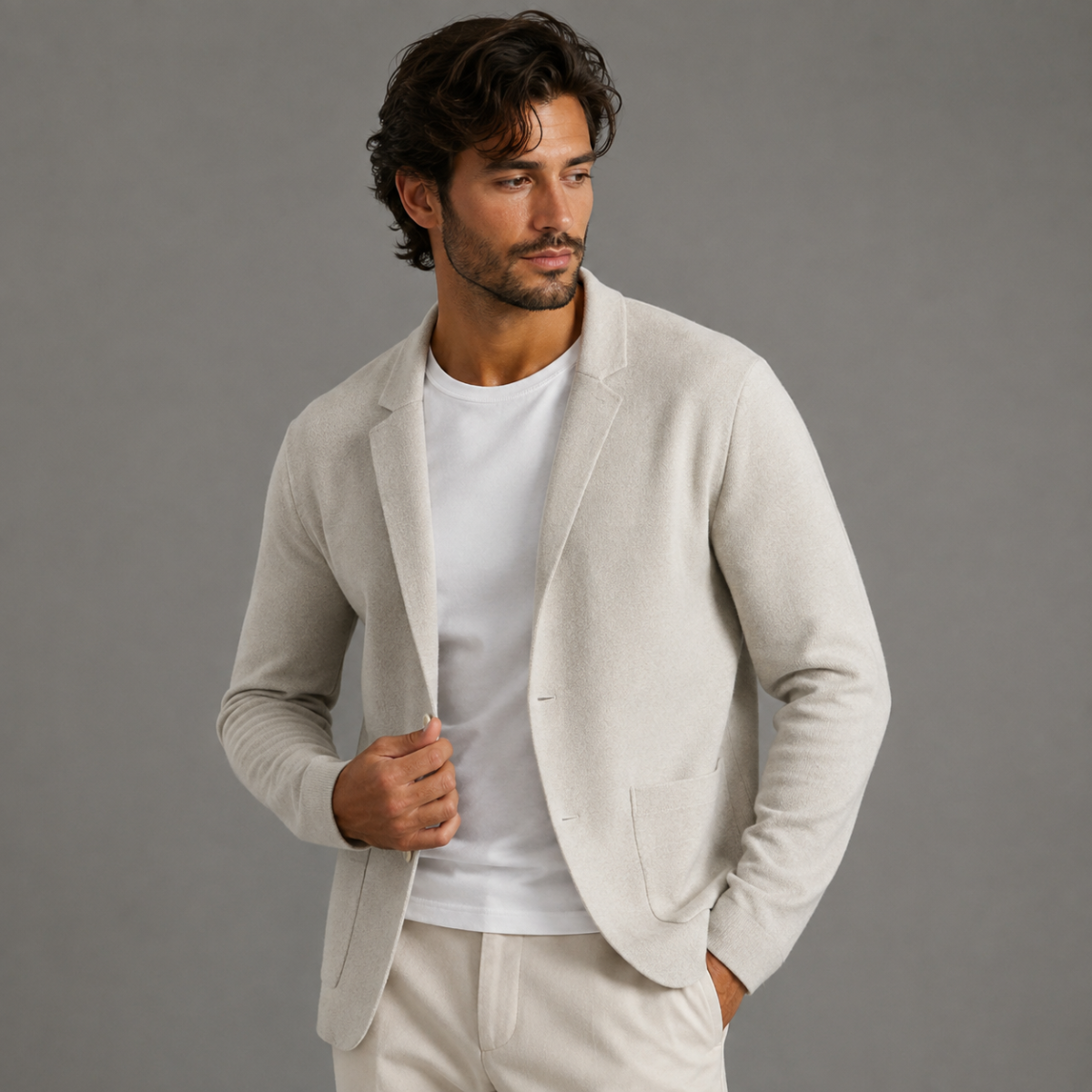 Men's Merino Wool Notch Collar Cardigan - Apricot