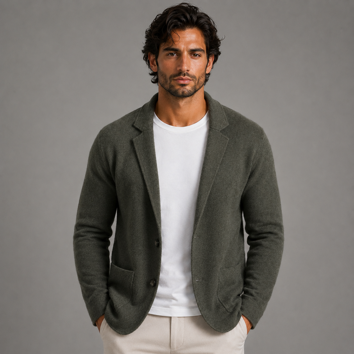Men's Merino Wool Notch Collar Cardigan - Army Green