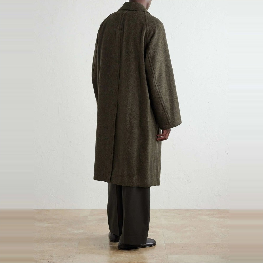 Men's Olive Double-Breasted Wool-Blend Overcoat - on model