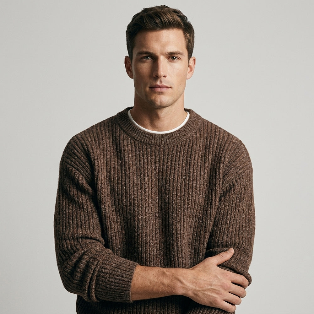 Men's Oversized Ribbed Knit Crewneck Pullover - Espresso Brown - front view