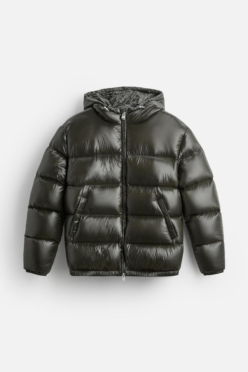 Men's green quilted puffer jacket, front detail view