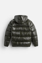 Men's green quilted puffer jacket, back view