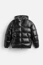 Men's black quilted puffer jacket, front view