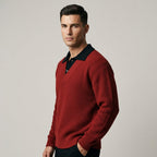 Men's Ribbed Knit Polo Sweater - Crimson - side profile