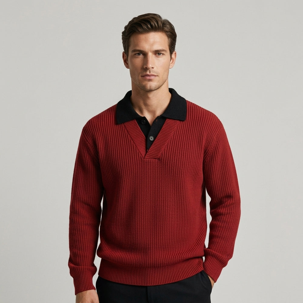 Men's Ribbed Knit Polo Sweater - Crimson