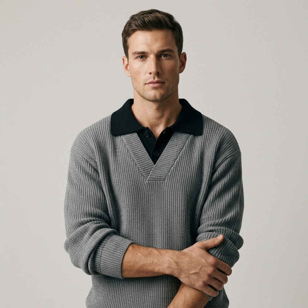 Men's Ribbed Knit Polo Sweater - Slate Gray