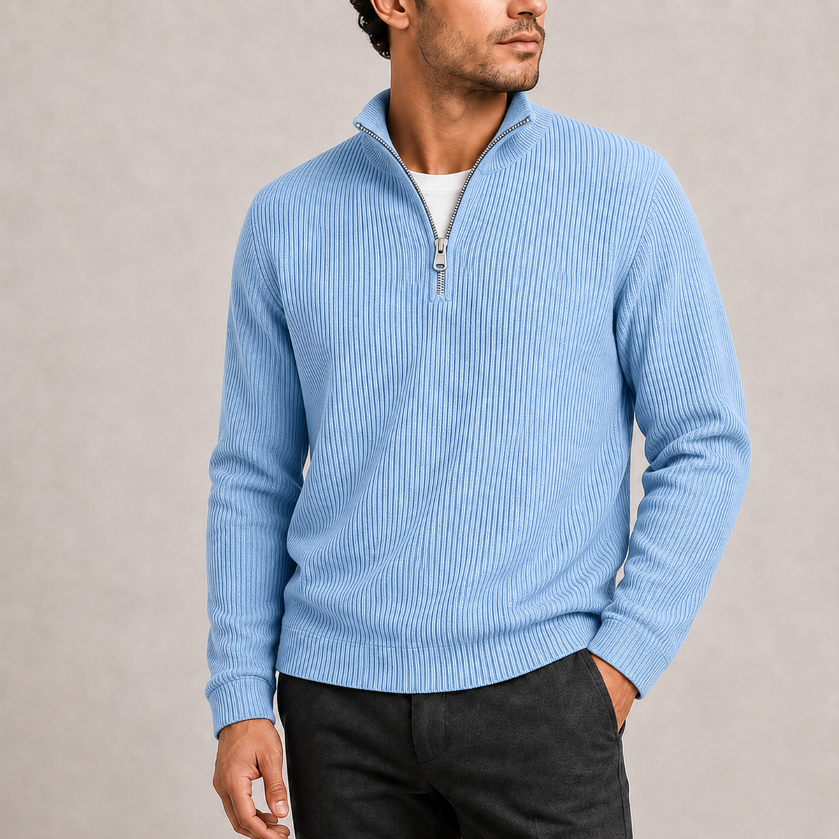 Baby Blue - Norwick & Bell Ribbed Quarter-Zip Sweater