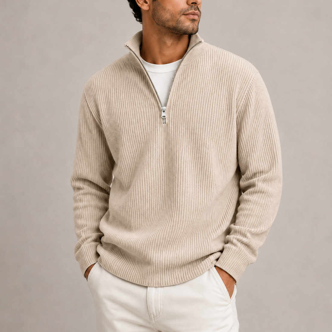 Cream - Norwick & Bell Ribbed Quarter-Zip Sweater