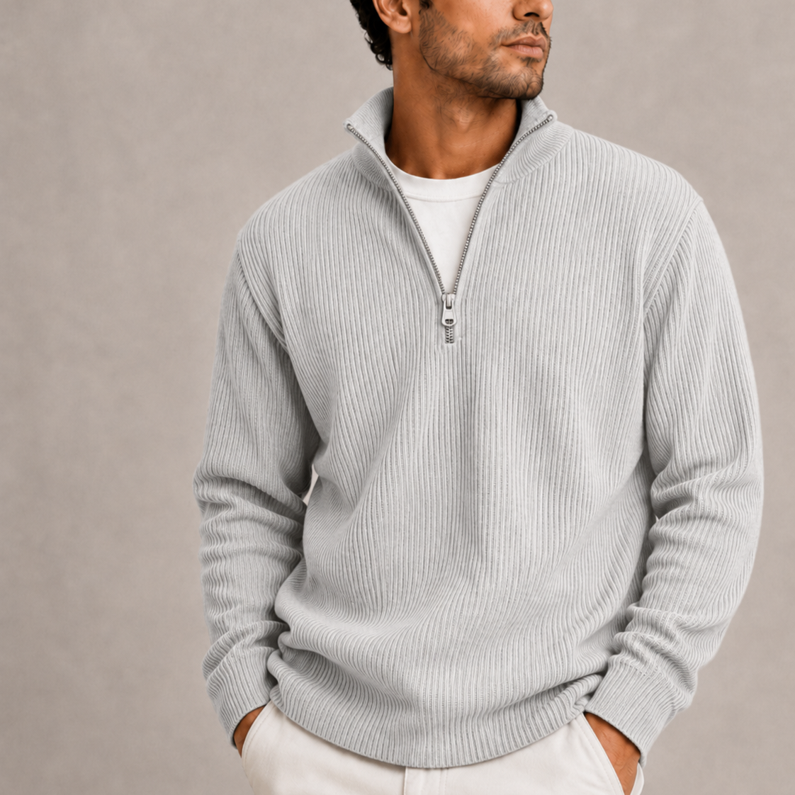 Grey - Norwick & Bell Ribbed Quarter-Zip Sweater