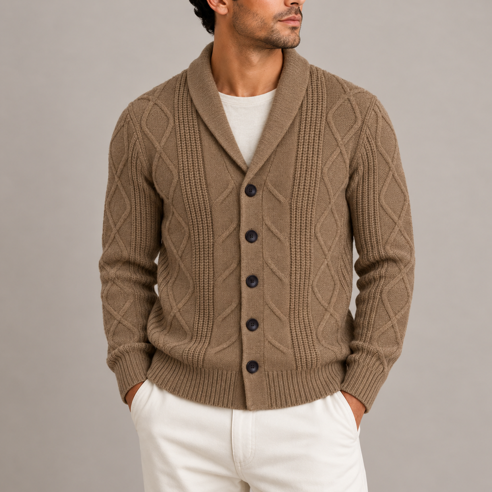 Men's Shawl Collar Cable Knit Cardigan - Light brown