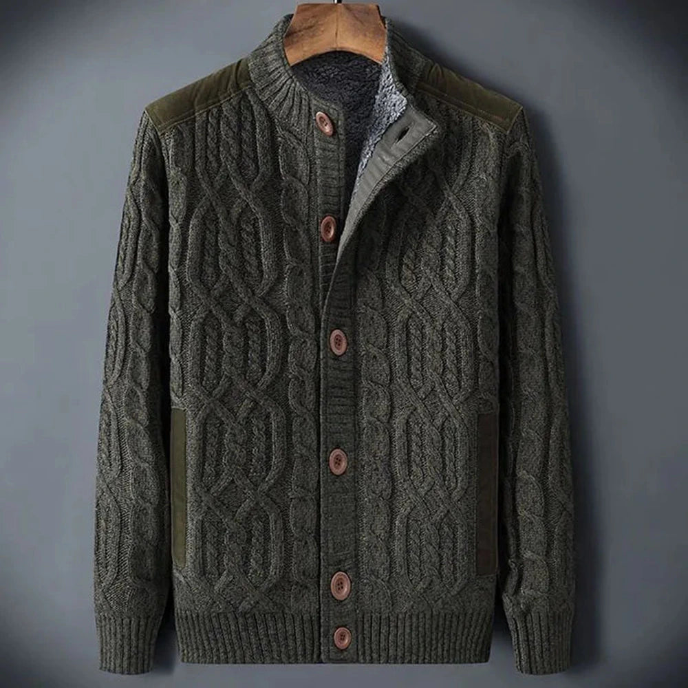 Men's Shearling-Lined Cable Knit Cardigan - Army Green