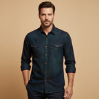 Men's denim button-down shirt, casual styling