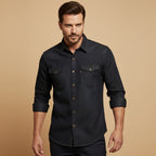 Men's denim button-down shirt, casual styling