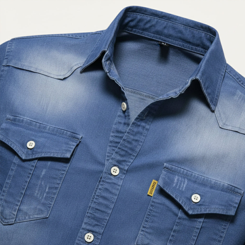 Men's denim button-down shirt, casual styling