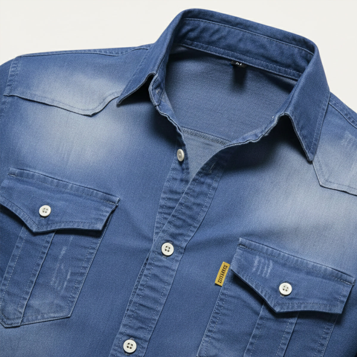 Men's denim button-down shirt, casual styling