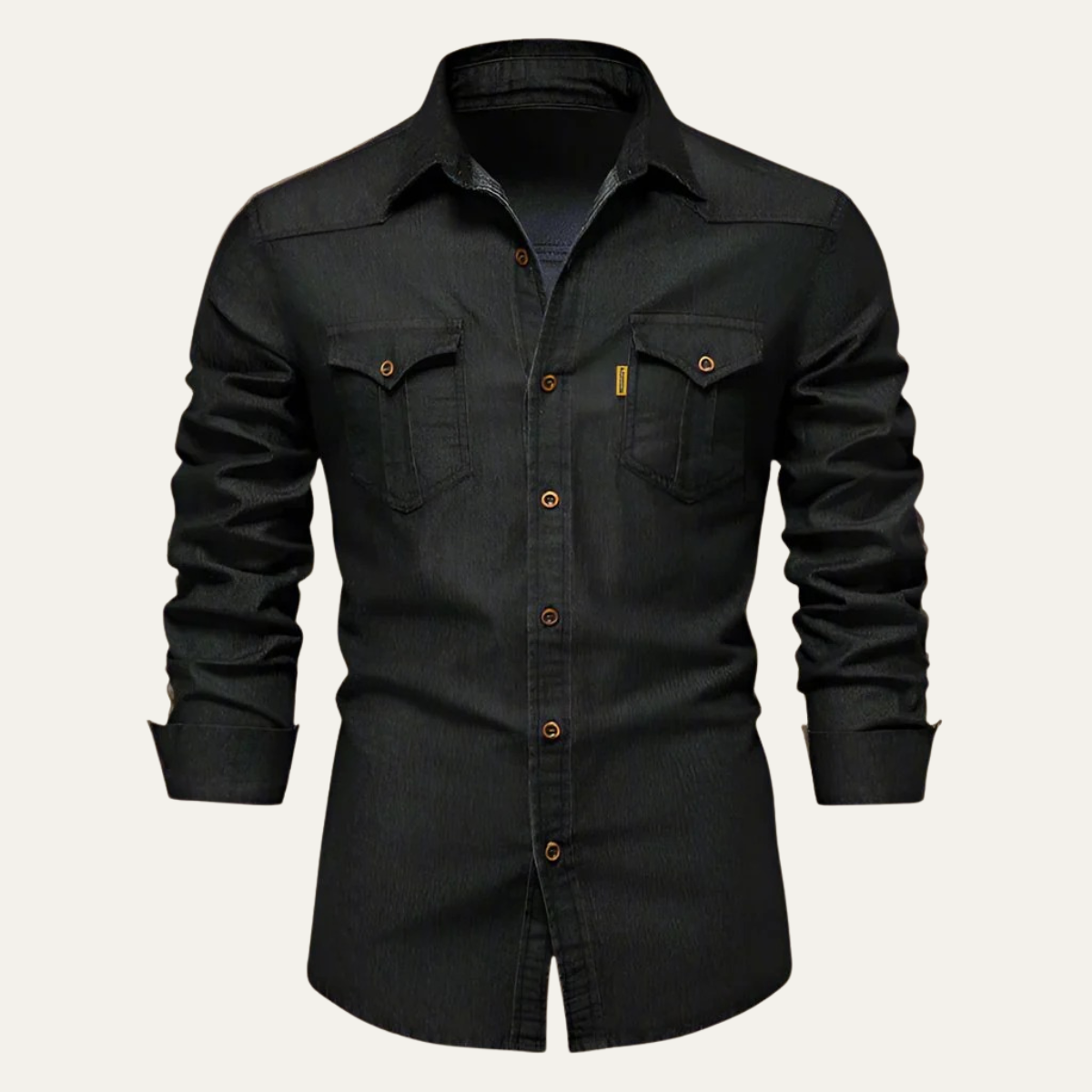 Black denim button-down shirt for men, front view
