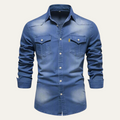 Blue denim button-down shirt for men, front view