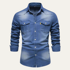 Blue denim button-down shirt for men, front view