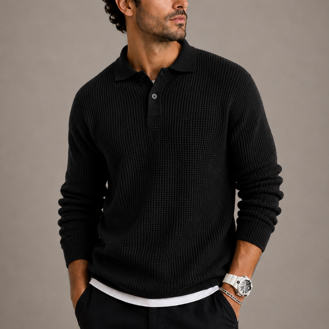 Men's Slim Fit Knit Sweater with Lapel Collar - Black