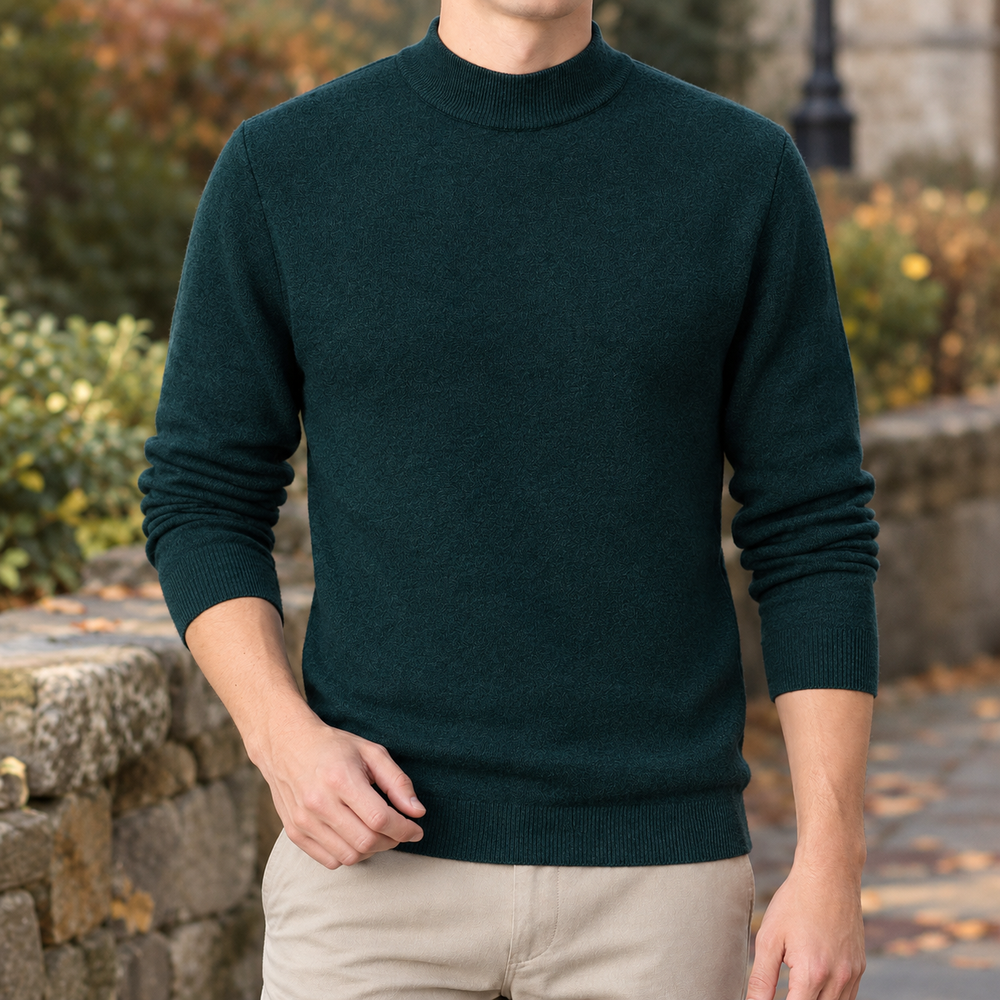 Men's Slim Fit Mock Neck Sweater in Dark Green, worn on model
