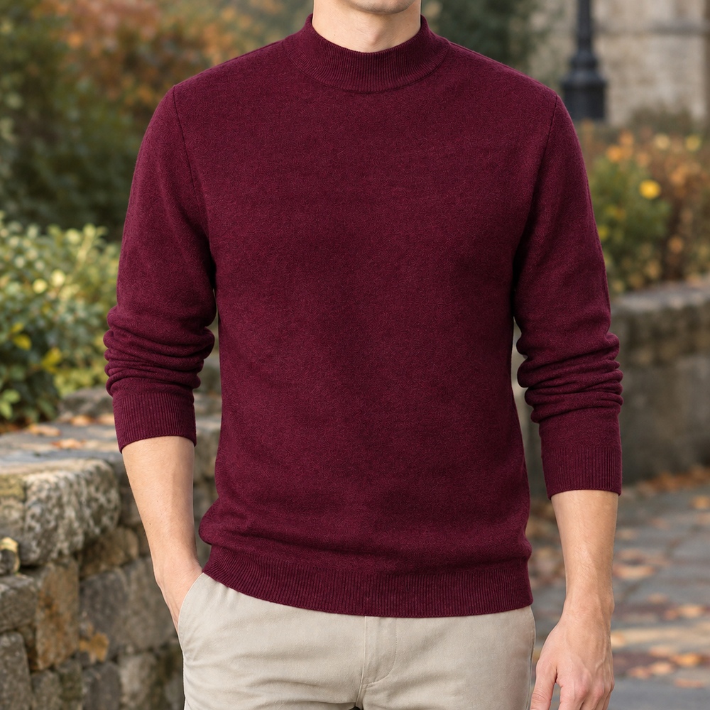 Men's Slim Fit Mock Neck Sweater in Wine Red, worn on model