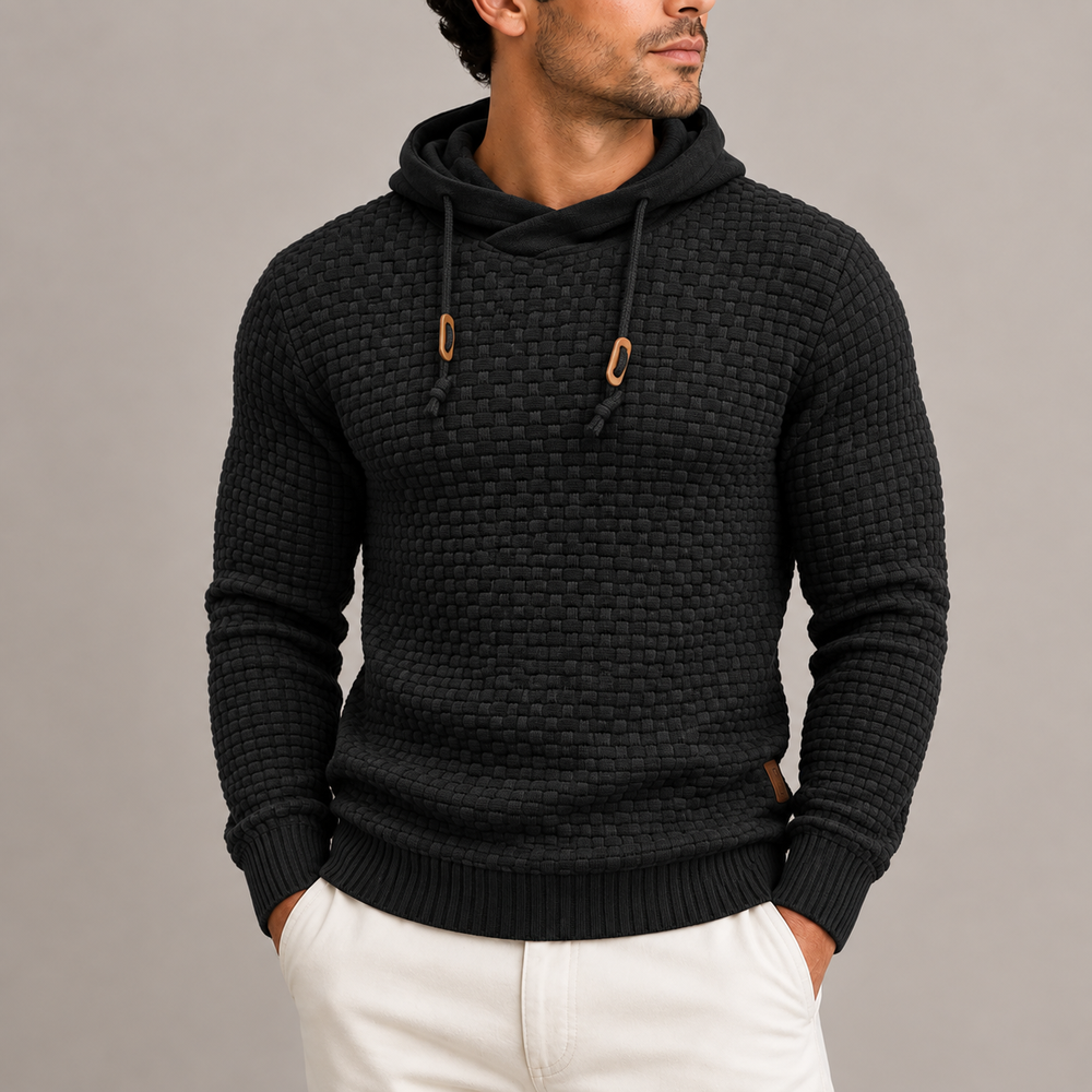 Men's Textured Knit Pullover Hoodie - Black