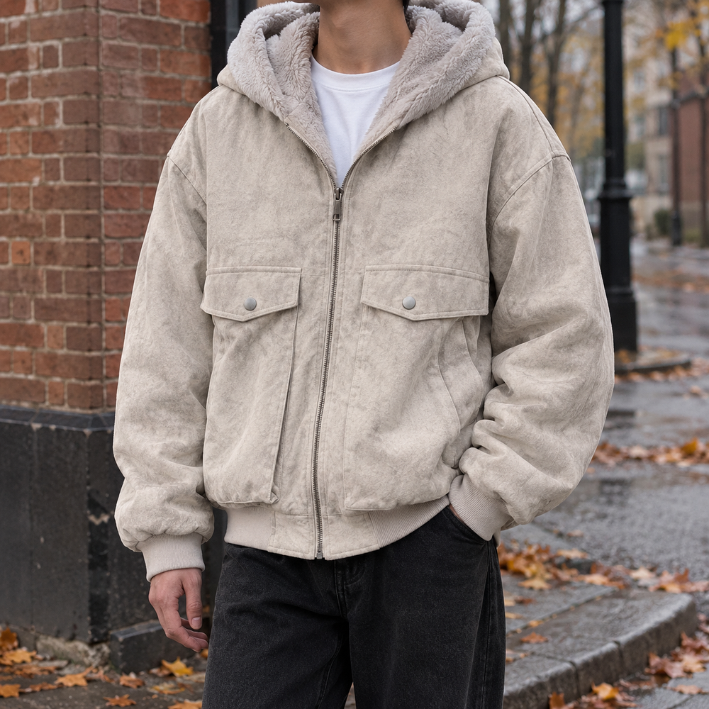 Men's Washed Hooded Jacket in Khaki, worn on model, front view
