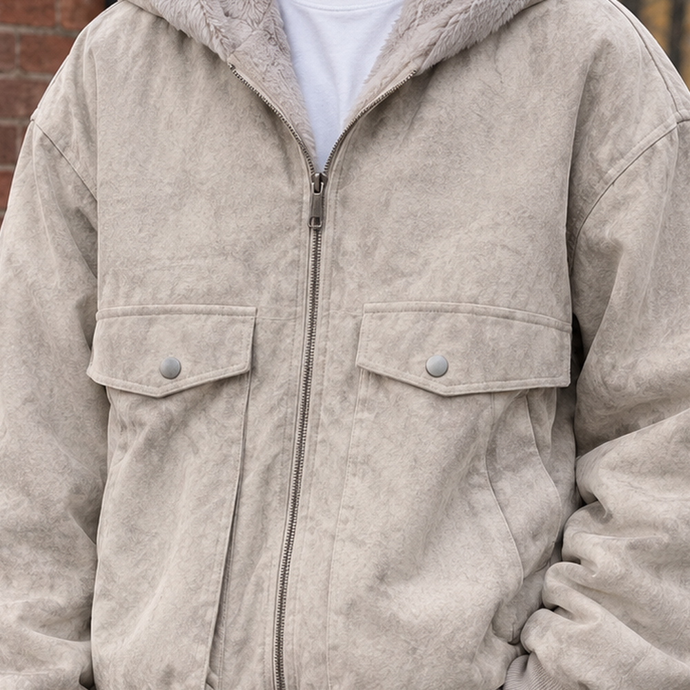 Men's Washed Hooded Jacket pocket and zip detail, worn on model