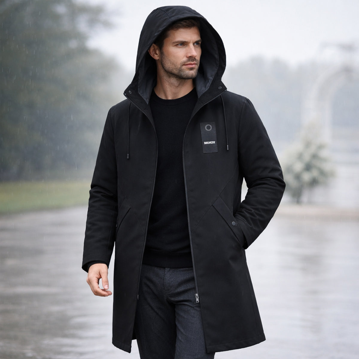Men's Waterproof Longline Rain Jacket - Black