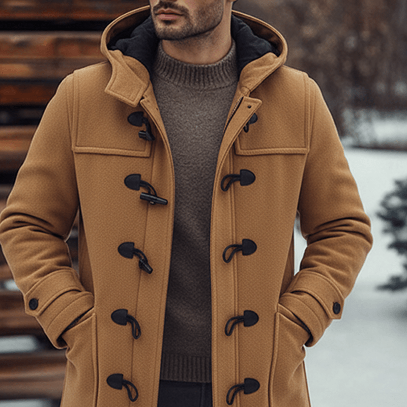 Men's wool blend hooded coat, styled on model