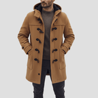 Men's wool blend hooded coat, front view