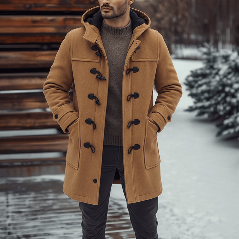 Men's wool blend hooded coat, detail view